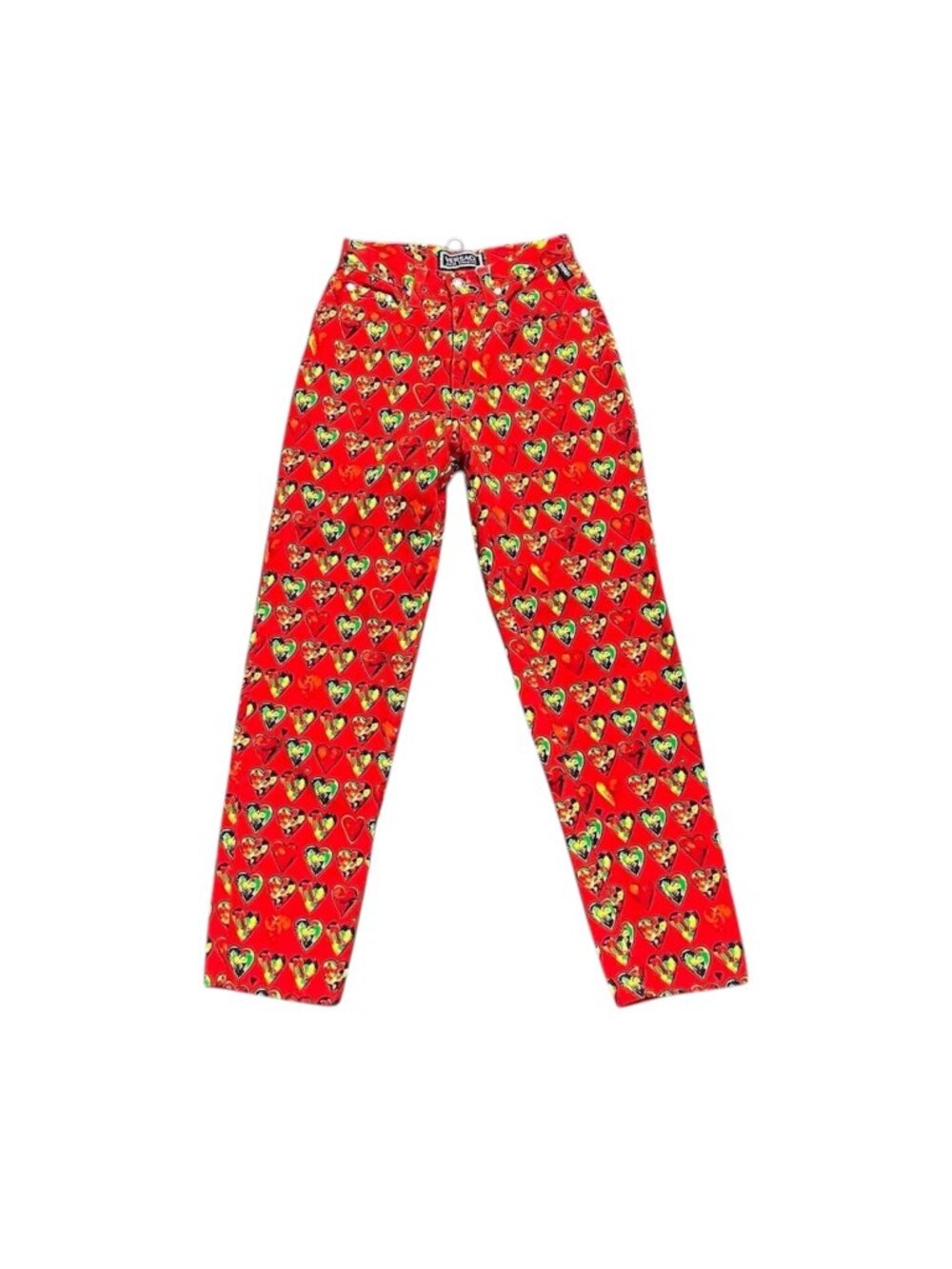 1990s VERSACE Jeans Signature Spring 1997 runway heart print denim pants size xs